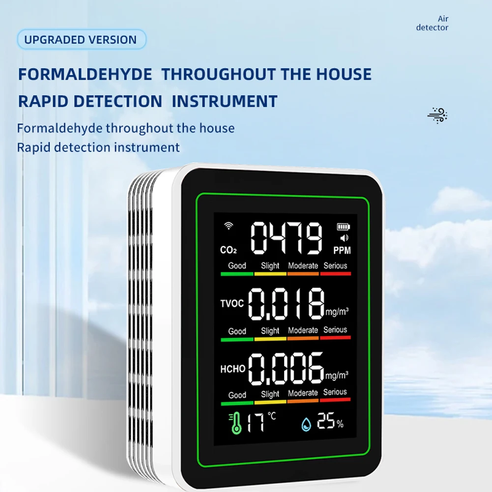 مراقبة جودة الهواء الذكية تعمل بالبطارية داخلي واي فاي كاشف جودة الهواء درجة الحرارة والرطوبة جودة الهواء متر ل AQI CO2 #2