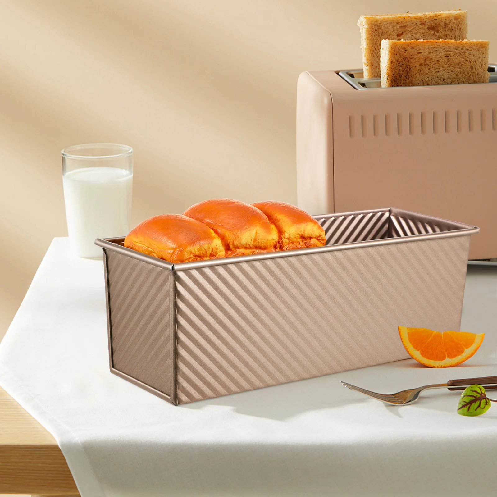 مقلاة ذات نسيج مموج مع غطاء قالب خبز غير لاصق من الفولاذ الكربوني شديد التحمل لفتحات سفلية لخبز كعكة رغيف اللحم #4