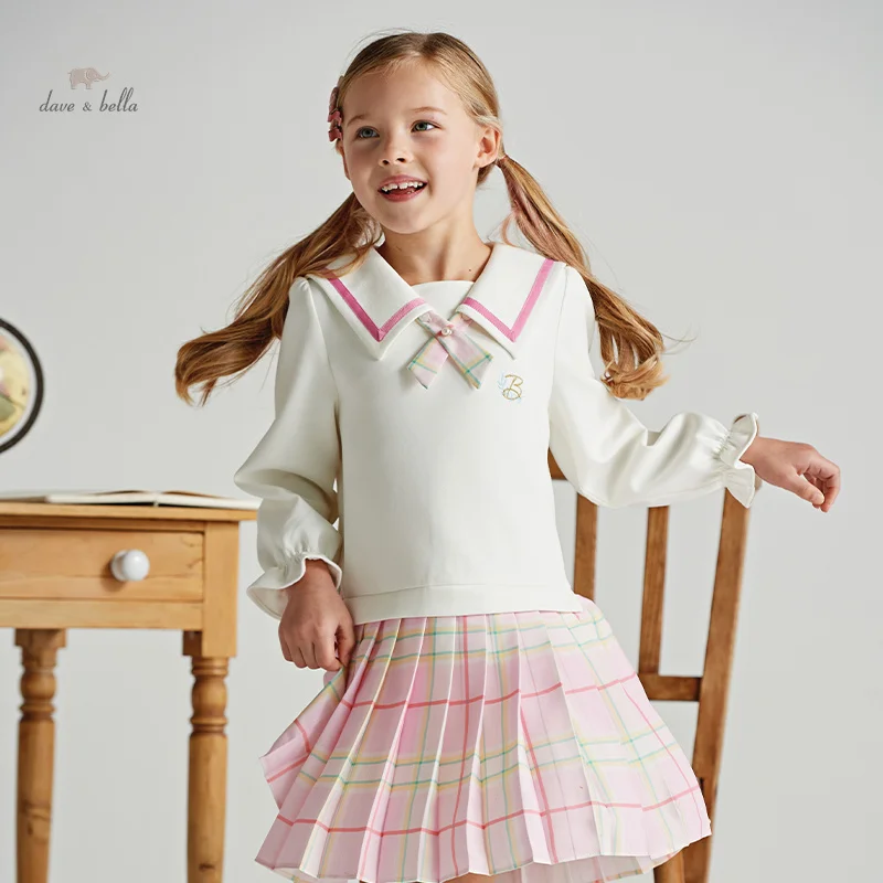 Dave Bella Girl's Dress Children 2024 New Spring Pleated Dress Academic-Style Fashion Casual Sweet Cute Party College DK1248151