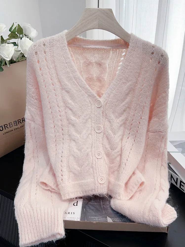 

Korean Version Loose V-Neck Sweater Coat Autumn Winter New Niche Lazy Style Slimming Short Hollow Knitted Sweater Unif Cardigan