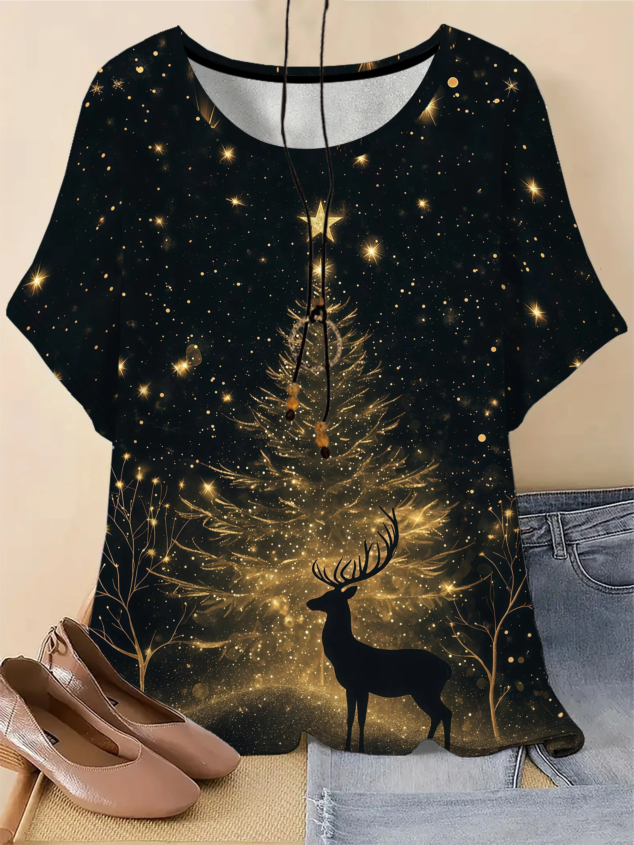 Women's T-shirt Starry Sky Elk Christmas Tree Print Crew Neck Short Sleeve Loose Fit Holiday Party Style Women Clothing