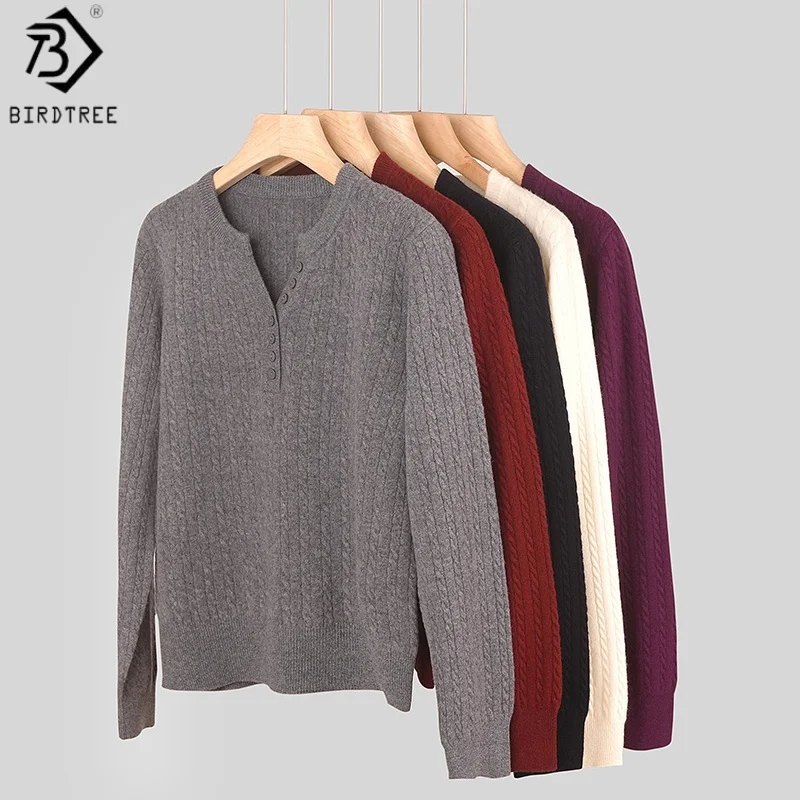 

Birdtree,100% Sheep Wool Twisted Knitted Sweater,Woman V-neck Bottoming Warmth Knitwear,2025 Autumn Soft Solid Pullover T5O712JF
