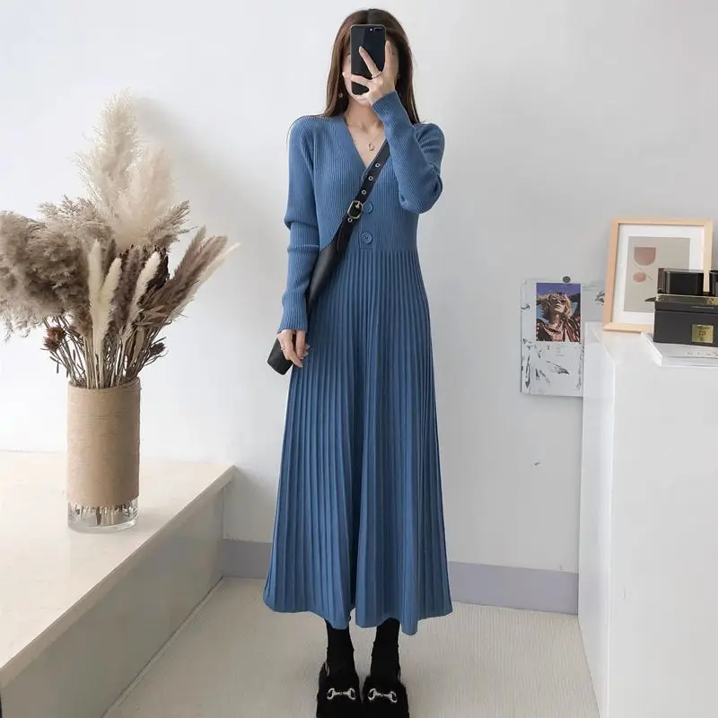 Women's Waistband Slimming Knit Dress 2023 Spring Autumn New Fashion V-neck Elegant Solid Long Sleeve A-line Long Skirt