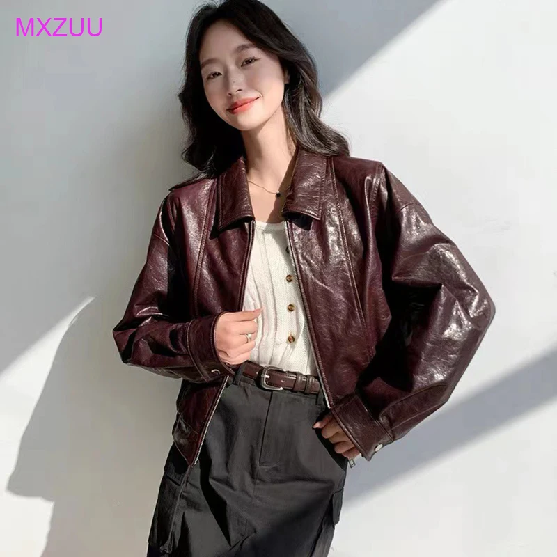 2026 Vintage Oil Wax Sheepskin Coat for Women Lapel Zipper Loose Casual Spring Fashion Short Slim Real Leather Jacket Outwear