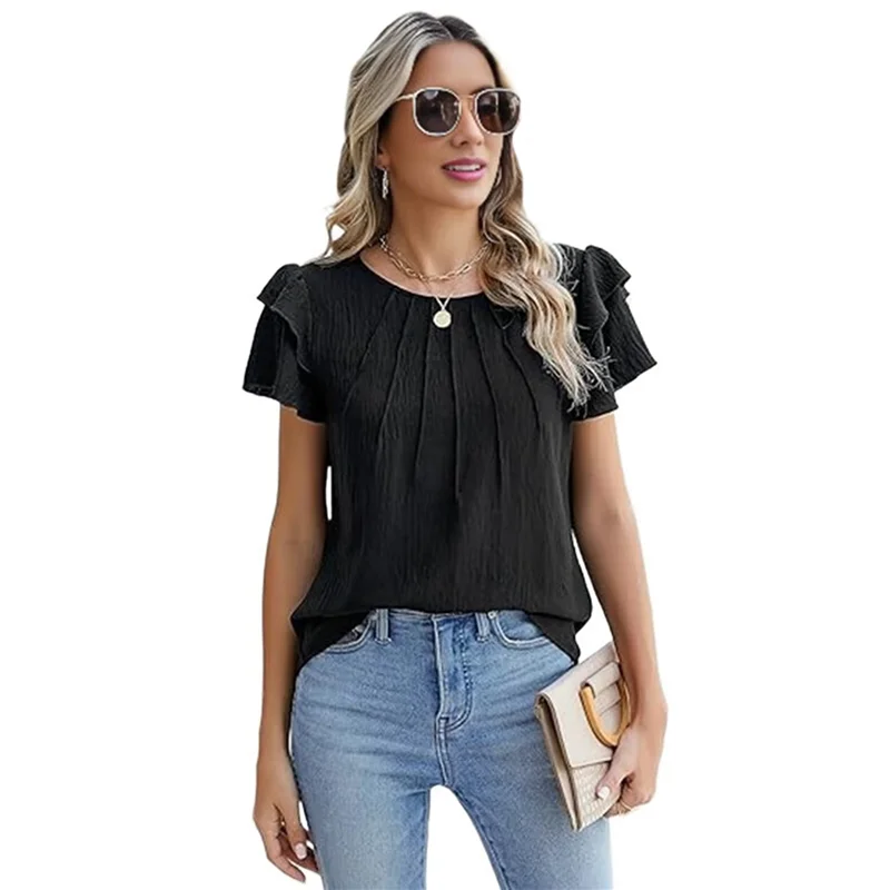 

A09P Women Dressy Casual Tops Business Work Blouses Summer Shirts Short Sleeve Crew Neck Outfits 2025