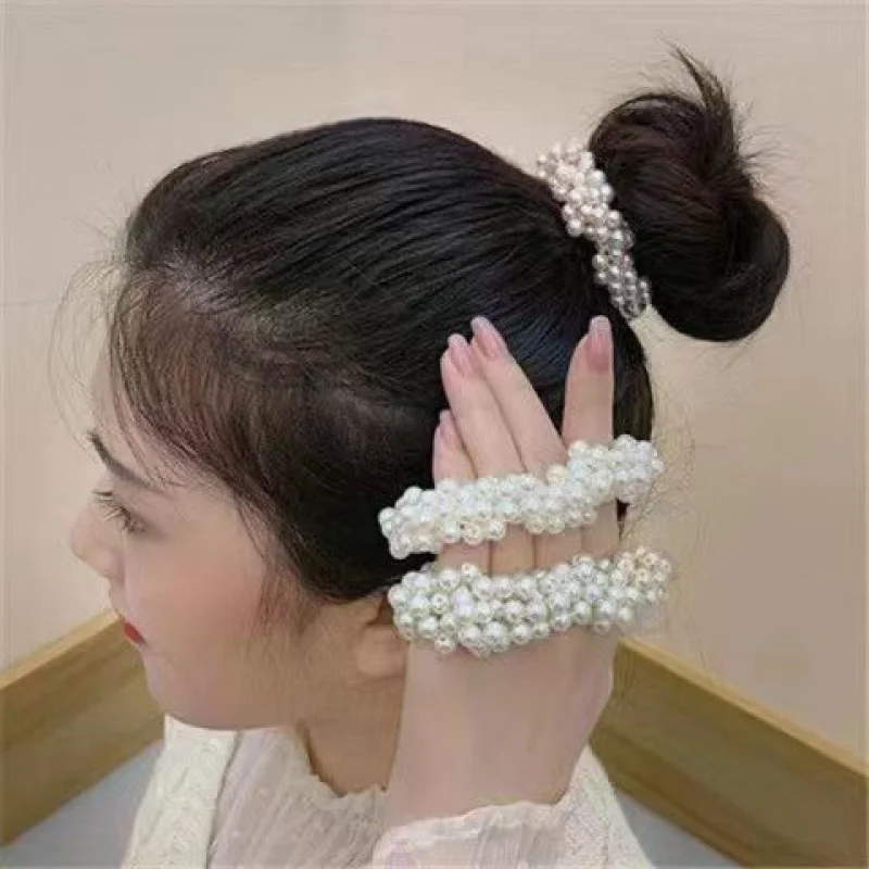 1Pc Luxury Big Elegant White Pearl Hair Ties Beads Rubber Bands Ponytail Holders Elastic Hair Band Hair Accessories