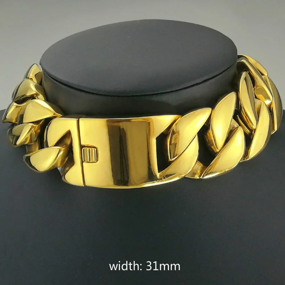 Goldfarbener 316L-Edelstahl, komplett poliert, 31 mm Breite, sehr schwere lange Kette, 40–55 cm, Halskettenschmuck – Detail 3