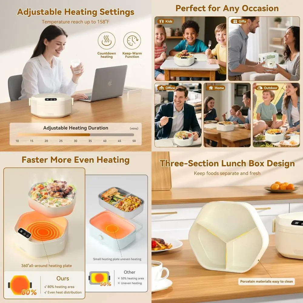 

Портативный электрический ланч-бокс емкостью 1 л, аккумулятор емкостью 16000 мАч, быстрый нагрев, 3 отделения, идеально подходит для автомобиля, грузовика, офиса, кемпинга