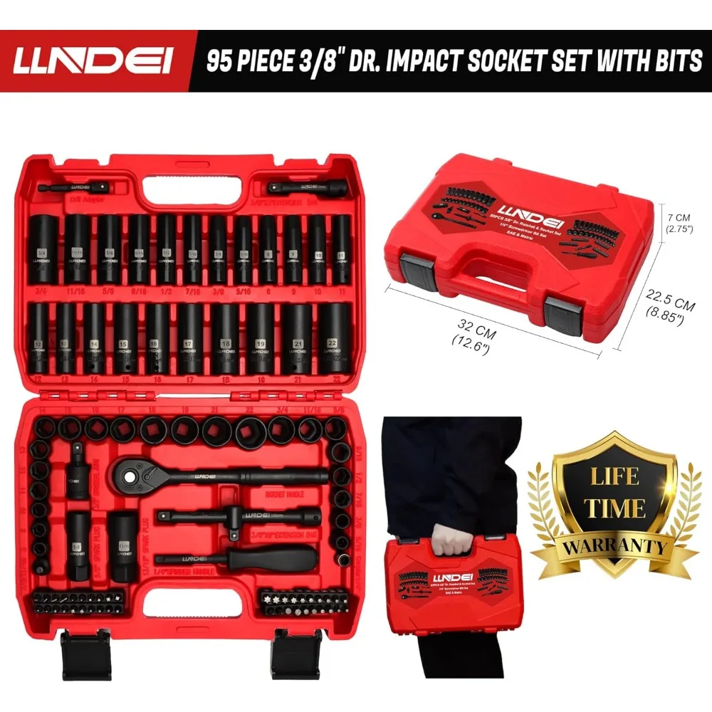 LLNDEI-Jeu de douilles à percussion 3/8 ", SAE standard (5/16 à 3/4 pouces) MeaccelerSize (8 à 22mm), 95 pièces, acier CR-V