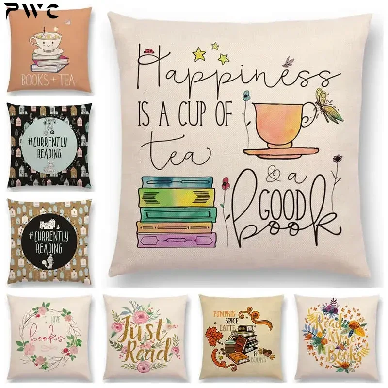 Taie d'oreiller de canapé de nettoyage de lecture de vie, belle lettre décorative, housse de coussin, bon temps, heure du thé