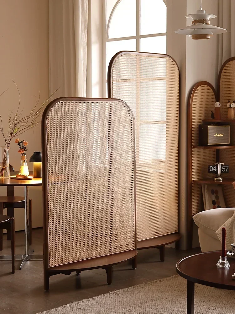 New Chinese solid wood rattan screen retro wabi home living room home bedroom partition blocking movable seat screen