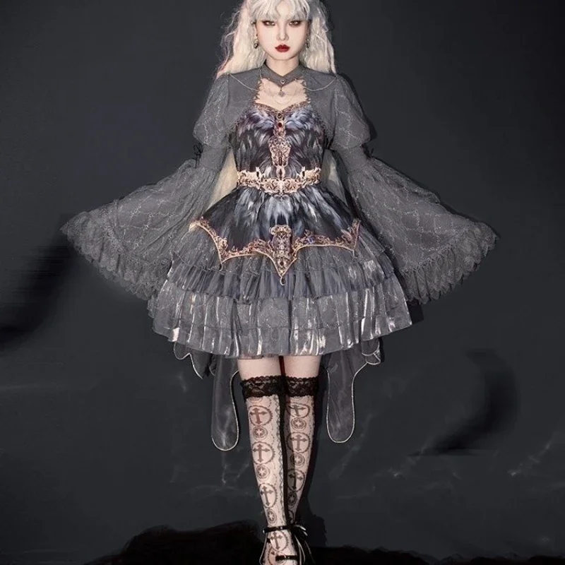 Japanese Victorian Vintage Lolita Halter Dress Women Gothic Style Harajuku Y2k Grey Layered Cake Dresses Girls Kawaii Cute Dress