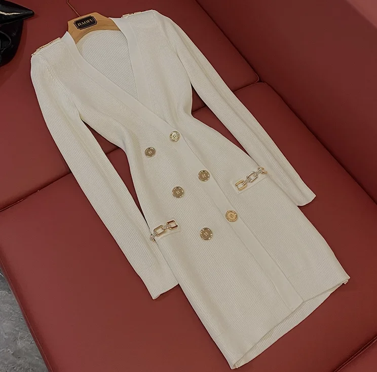 French Style Vintage Deep V-neckline Chain Lady 2024 Spring Cloth Double-breasted Long Sleeve Women Skinny Knit Mini Dress