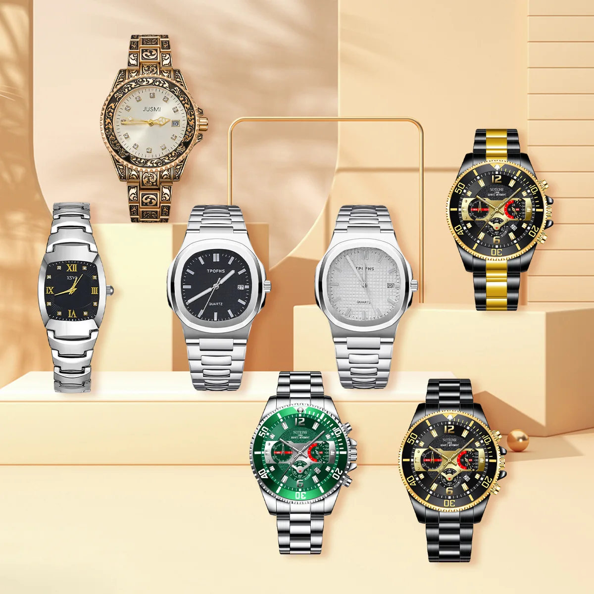 7‑Pcs Men Crystal Quartz Watch Set Assorted Dial Styles Full‑Studded Bezel Brushed Metal Link Band Upscale Hard Gift Box