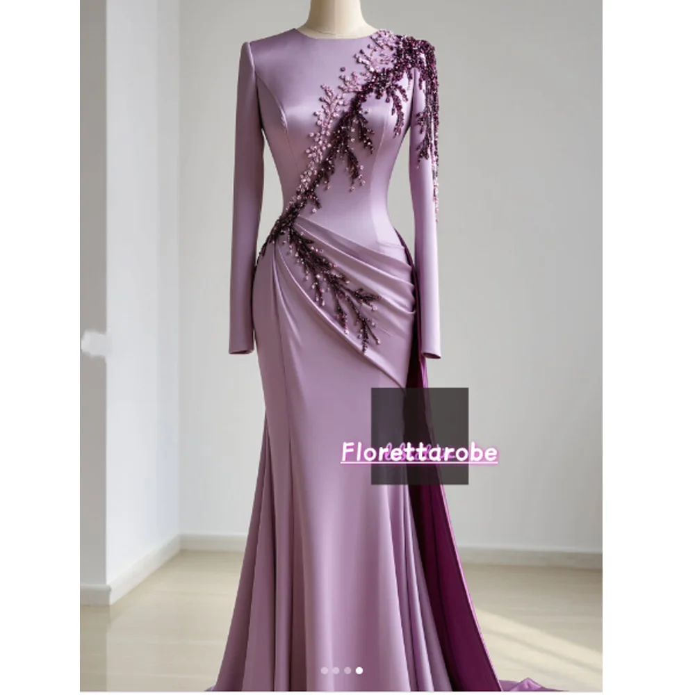Florettarobe Exquisite Purple Satin Sequined Appliques Pleat  High Collar Long Midi Dress Bespoke Occasion 4 styles Customized view 4
