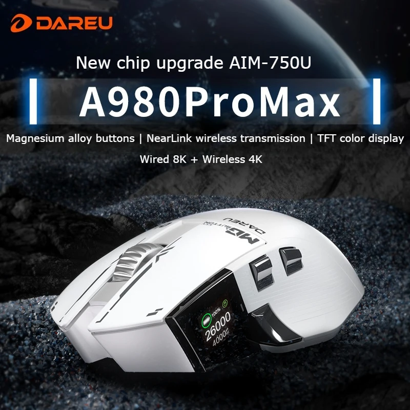 DAREU A980Pro Wireless Gaming Mouse P3950 Custom Chip 8K 30000DPI Bluetooth 2.4G Wired NearLink Ergonomics Esports Gamer Mouse
