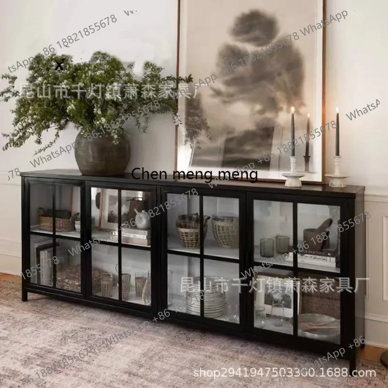 

American retro solid wood dining side cabinet household living room locker wrought iron glass door storage display cabinet