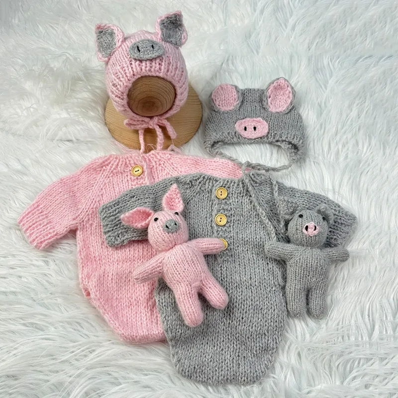 3pcs Baby Costumes Newborn Photography Outfits Adorable Pig Hat,doll and One-piece Romper Soft Mohair Knitting Photos Sets