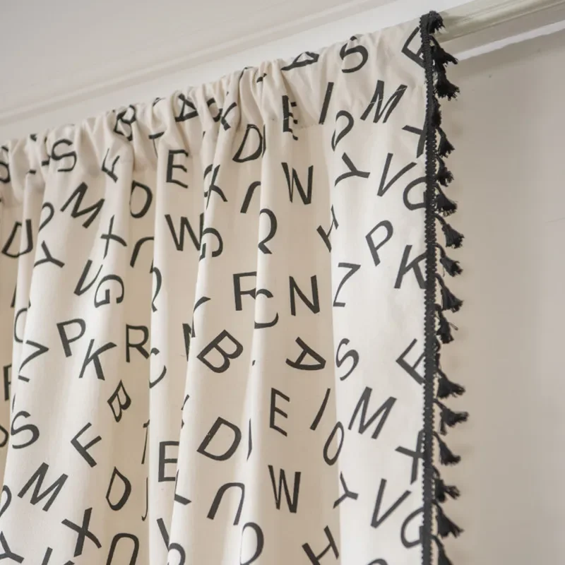 

Cotton Linen Japanese English Letters Home Window Curtain Thick Blackout Drapes Bay Window Curtains for The Living Room