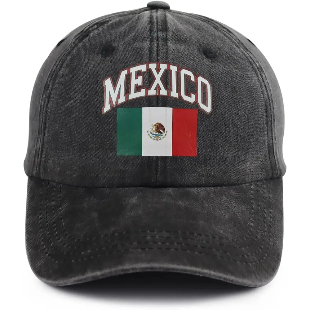 Mexico Flag Hat for Men Women, Print Adjustable Cotton Washed Mexican Patriotic Baseball Cap