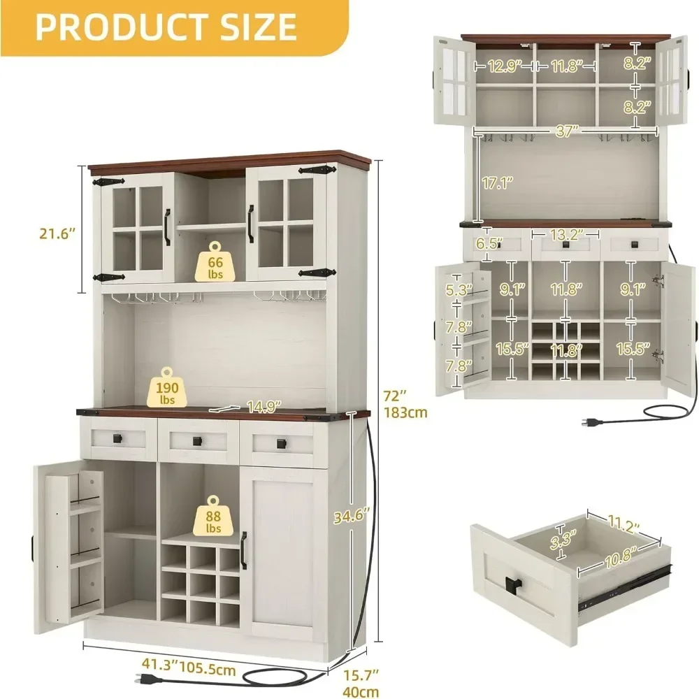 72'' Kitchen Pantry Cabinet with Power Outlet ＆Lights, Farmhouse Tall Storage Cabinet with Doors, Drawers & Shelves