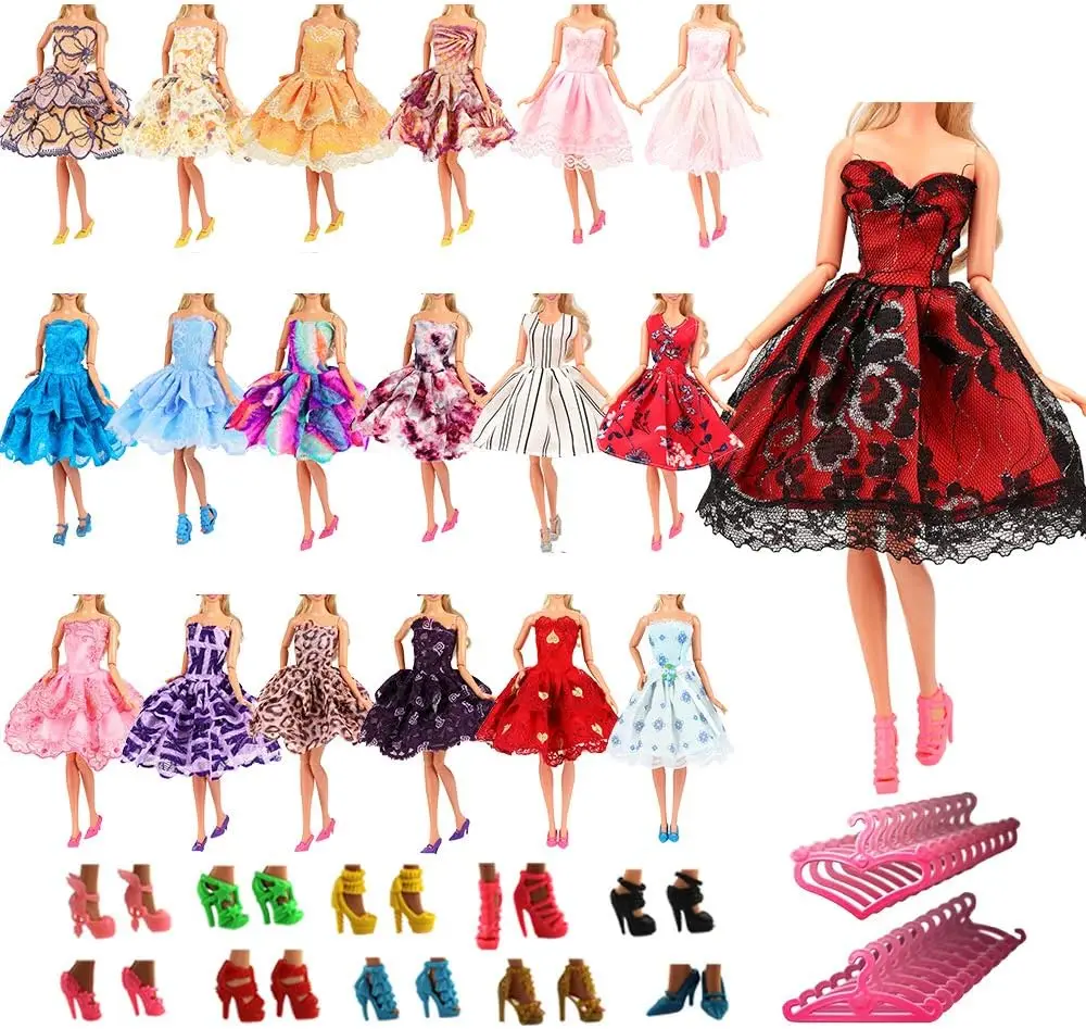 BARWA 5 PCS Fashion Mini Short Party Dresses Clothes and Accessories 5 Shoes 5 Hanger for 11.5 Inch Girl Doll