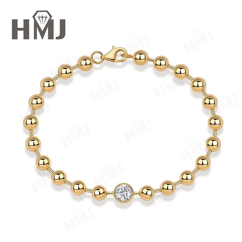925 Sterling Silber Armband Goldfarben Perlenkette Moissanit 21cm Elegantes Hochzeits- und Partygeschenk Stilvoll für Damen Feiner Schmuck – Detail 3