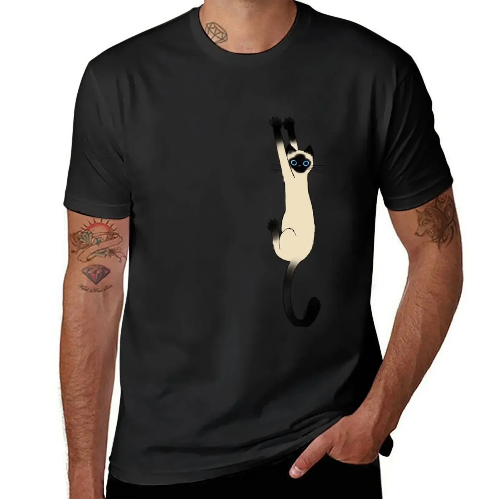 Siamese Cat Hanging On with Claws Funny Cat Holding On T-Shirt heavyweights boys whites summer top tops plain black t shirts men