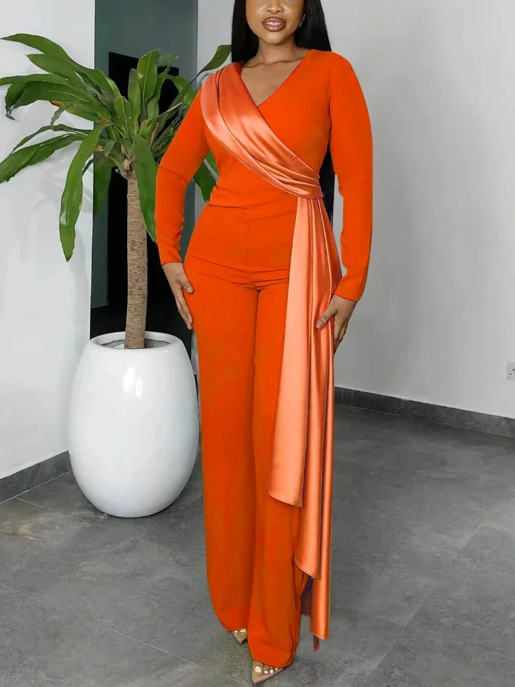 

Jumpsuits for Women Dressy Ribbon Long Sleeve V Neck Wide Leg One Piece Overalls Elegant Party Club Wedding Guest Outfits