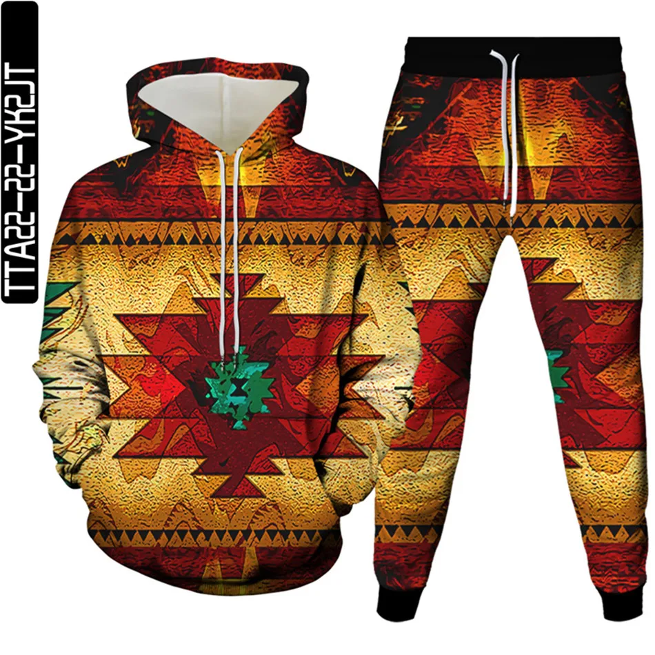 Men Two Outfits Colorful Vortex Line Pattern Tree Printed Autumn Tracksuit Hoodies Trousers Casual Suit 2 Piece Woman Set