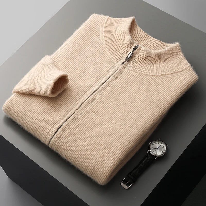 Autumn and Winter New 100% Pure Wool Men's Stand Collar Thickened Cardigan  Cashmere Sweater Casual Knitted Large Size Tops