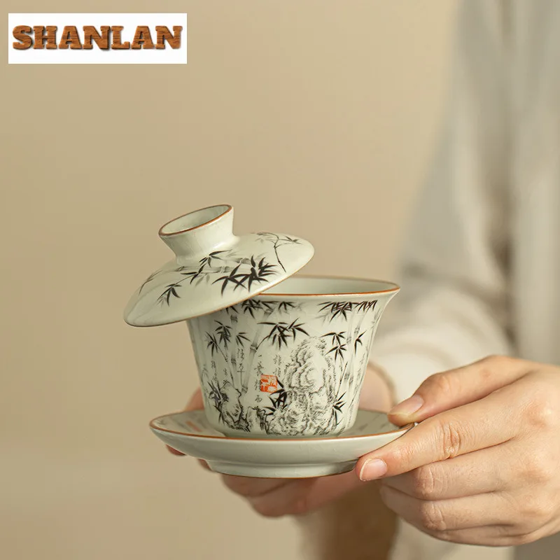 

150 мл Ru Kiln Ink Бамбуковая крышка Чаша Креативная керамическая чаша Hover Gaiwan Эстетическая чайная варенька Чайное приготовление кафе Подарочная чайная посуда Украшение
