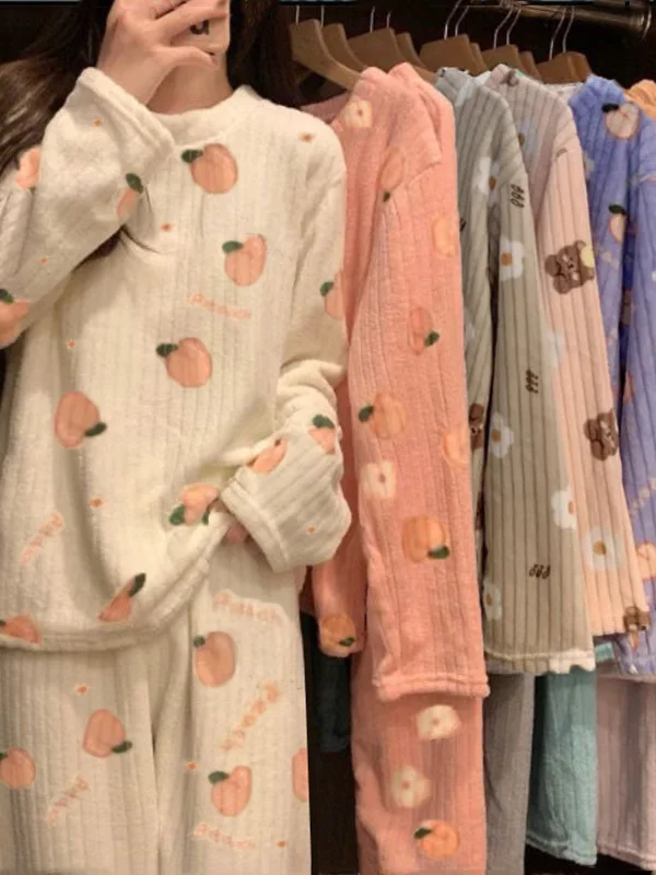 Adorable Sweet Coral Fleece Women\'s Sleepwear Set Warm Home Clothes Long Sleeve round Neck Print Long Pants Thick Autumn Winter
