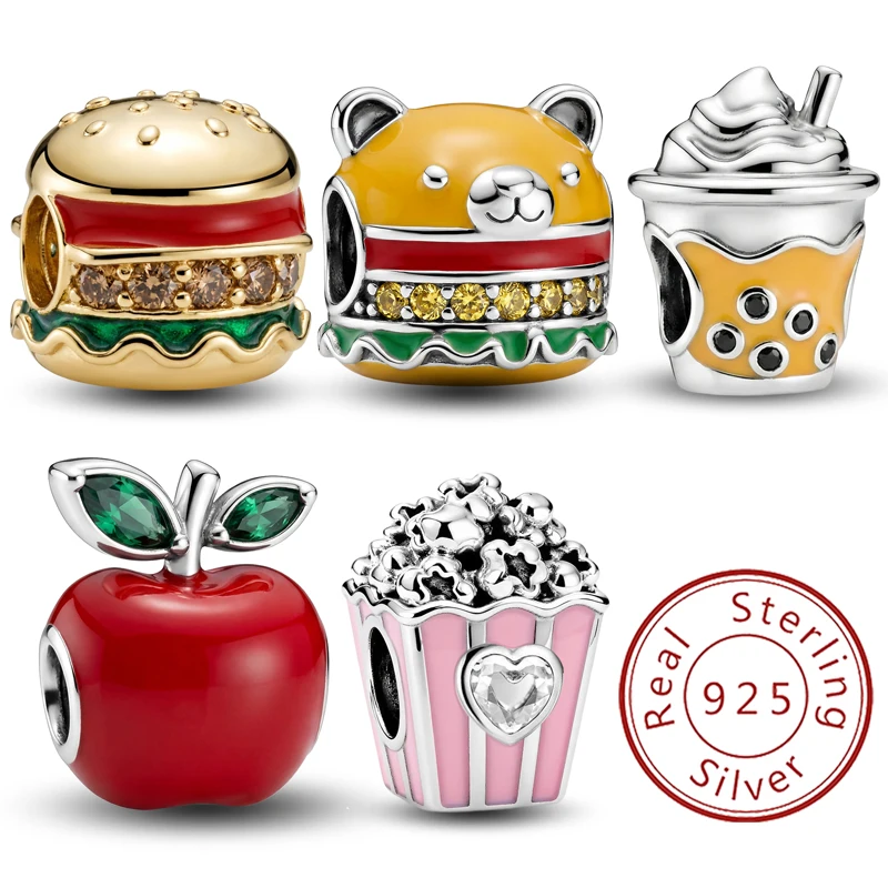 Abalorios de Plata de Ley 925 con Diseños de Palomitas, Hamburguesas y Manzanas Personalizados, Compatibles con Pulseras y Brazaletes Originales Pandora, Joyería Fina, Regalo