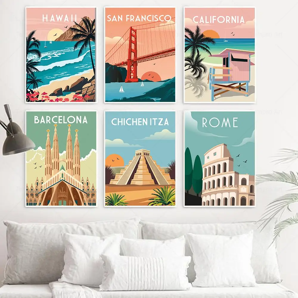 Retro Travel City Landscape Illustration Canvas Painting Hawaii San Francisco London Mexico Rome Poster Nordic Home Wall Decor