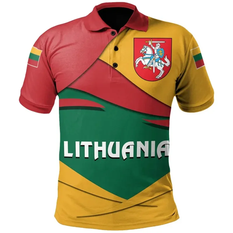 Lithuania Flag Polo Shirt Summer Casual 3d Print National Emblem Short Sleeve T-shirt Men Street Lapel Oversized Shirts Tops