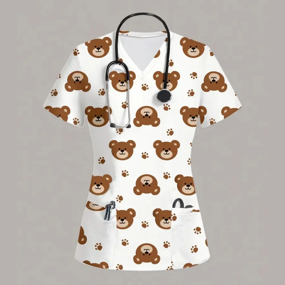 Animal dos desenhos animados enfermagem esfrega topos feminino uniforme de enfermeira moda feminina com decote em v bolso macacão uniformes médicos uniforme enfermera