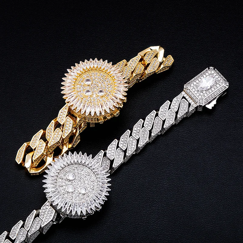 Iced Out Sunflower Spinner Miami Cuban Link Bracelet Watch Clasp Hip Hop Punk Full Paved CZ Jewelry for Men Women