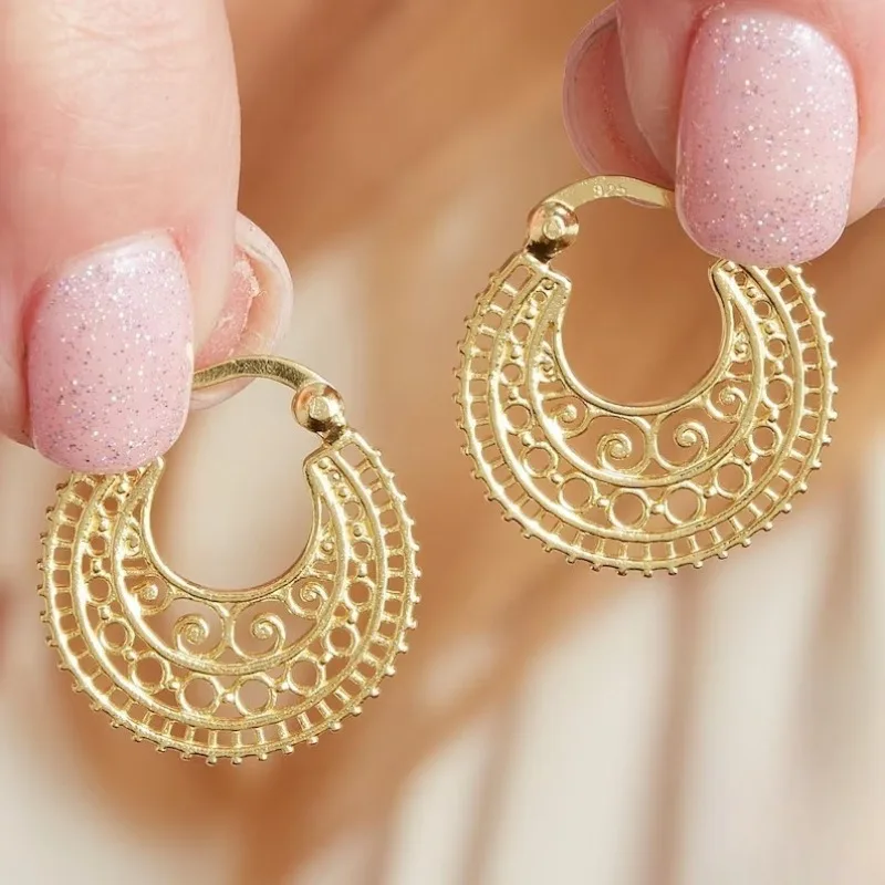 Bohemian Style Copper Hollowed Out Flower Shaped Earrings, Women's Classic Hoop Earrings