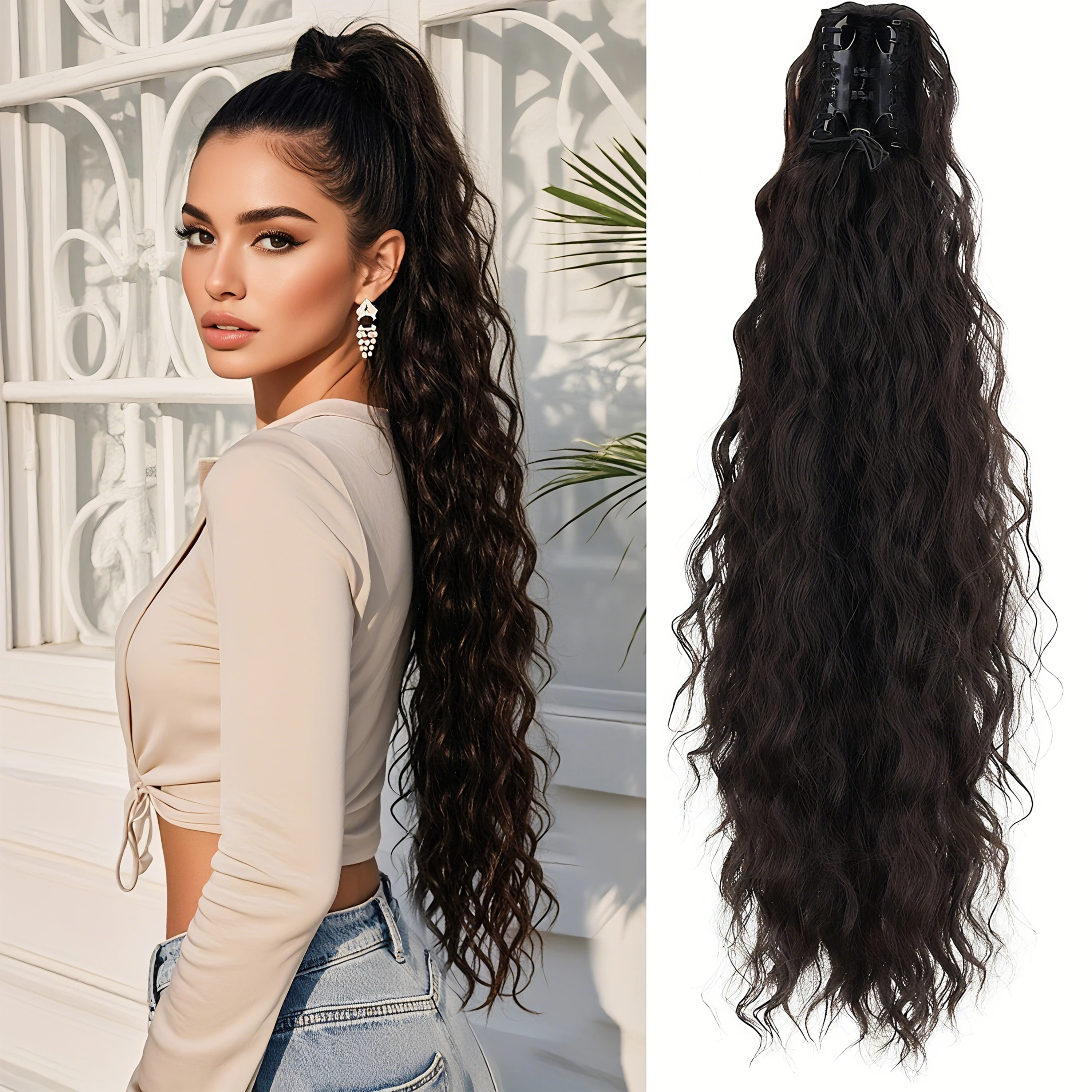 

Elegant Wig Clip Ponytail Hair Extensions with Water Ripple Long Curly Hair Fluffy Stylish Perfect for Women in Any Occasion