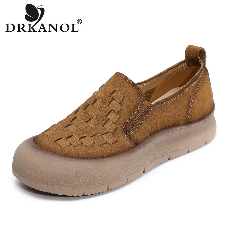 

DRKANOL/женские лоферы без шнуровки, тканые туфли ручной работы в стиле ретро в литературном стиле из натуральной коровьей кожи, повседневные женские туфли на плоской платформе