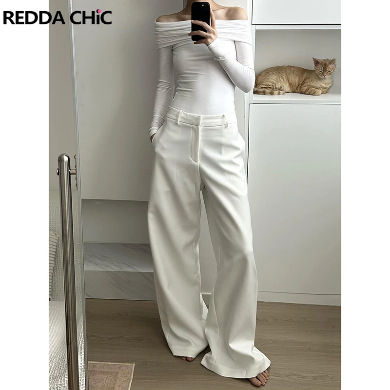 

ReddaChic Women Solid White Wide Leg Pants Office Lady Loose Straight Draped High Waist Suit Pants Work Casual Formal Clothes