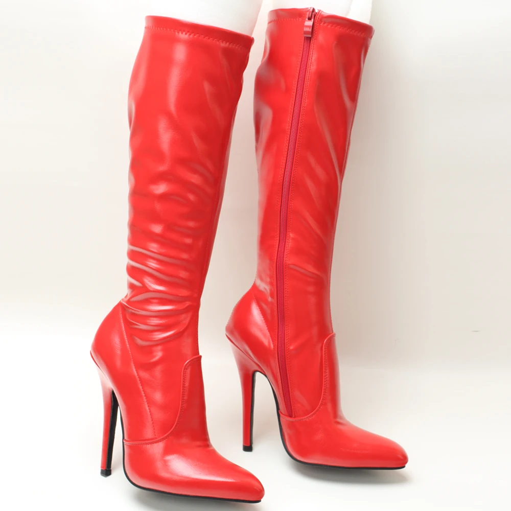 Custocm 5 Inch High Stiletto Heel Unisex Knee High Vintage Boots Patent Leather Pointed Toe Shoes