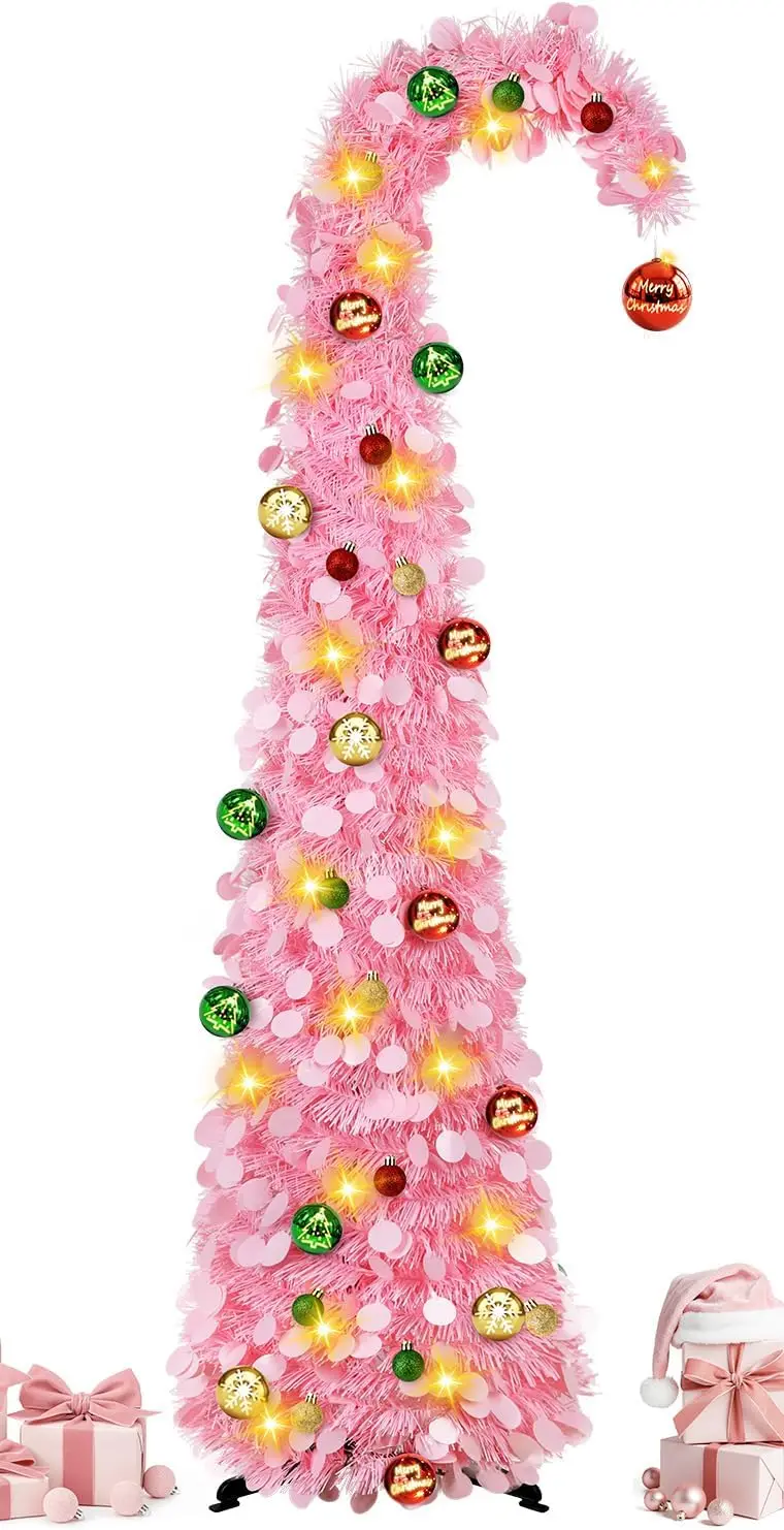 

5FT Pink Pop-Up Christmas Tree with 15 Ball Lights & Ornaments, Collapsible Tinsel Tree for Indoor Outdoor Decor
