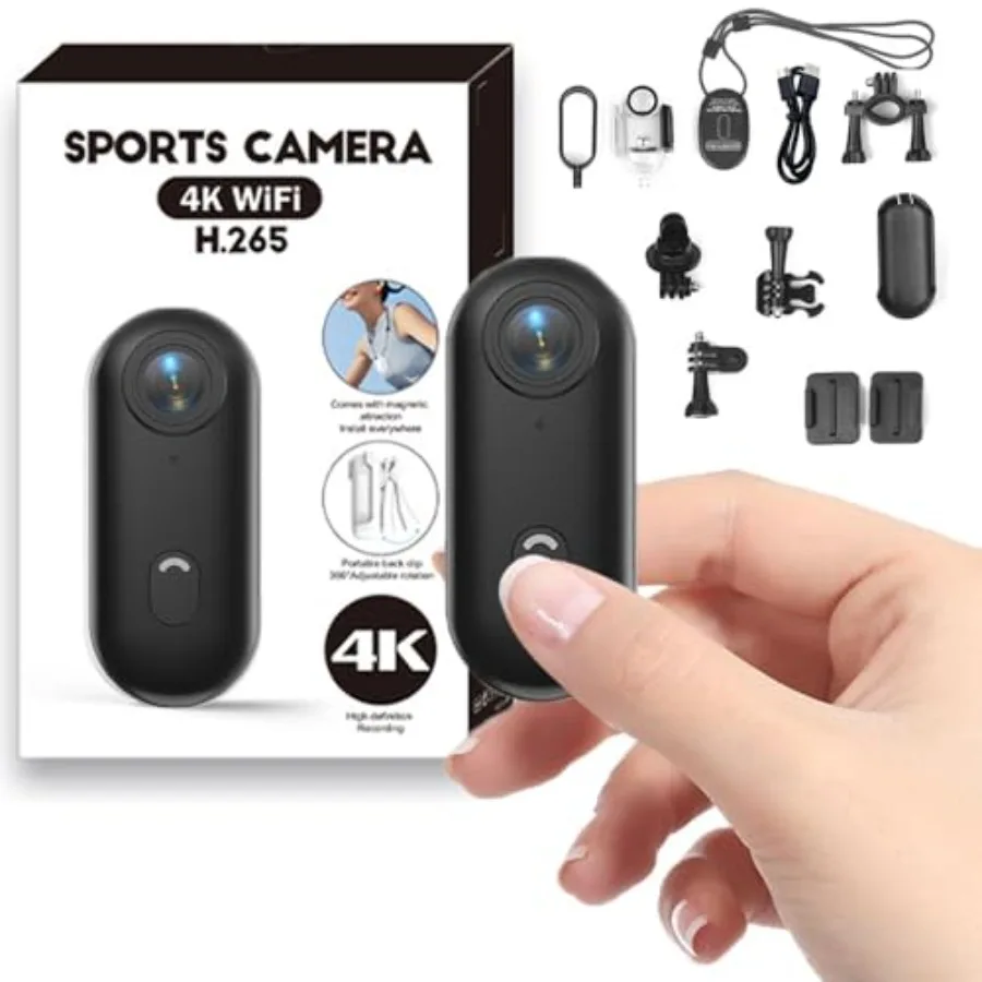 

4K Mini Action Camera for cycling, motorcycle, pet walking, vlogging, skiing; waterproof wearable body camera with 360 rotation