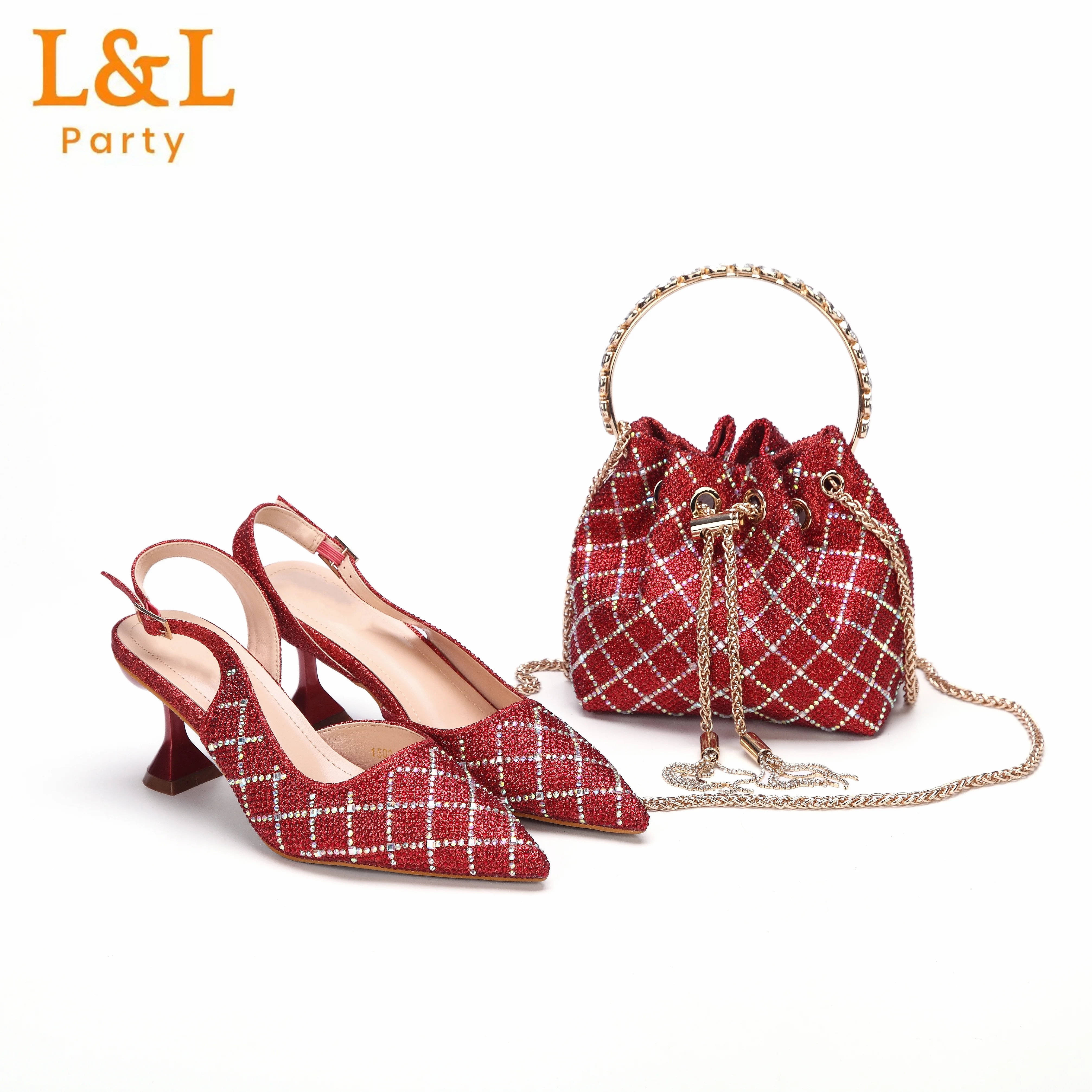 

Red Color ItalianLuxury Women's Pointed Toe Shoes and HandalBag Set Full Diamond Design for Ladies Party