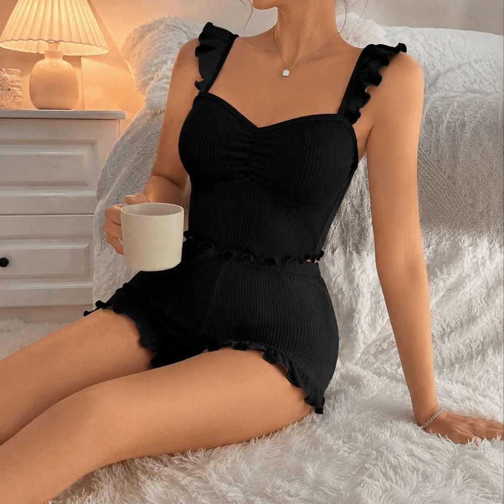 Ruffle Trim Women's Pajama Suit Casual Crop Top Camisole Shorts Set Sleeveless American-Style Two-Piece Pajama Set