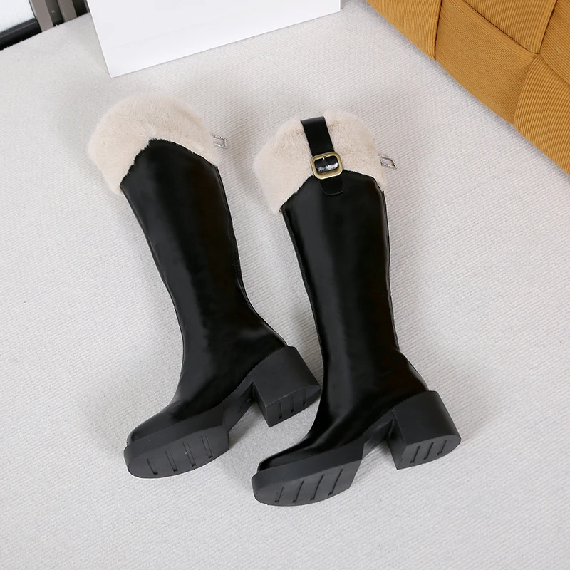 Women's Single Boots Winter New Round Head Waterproof Table Plush Leather Boots Fashion Comfort Warm Increase Thigh-high Boots