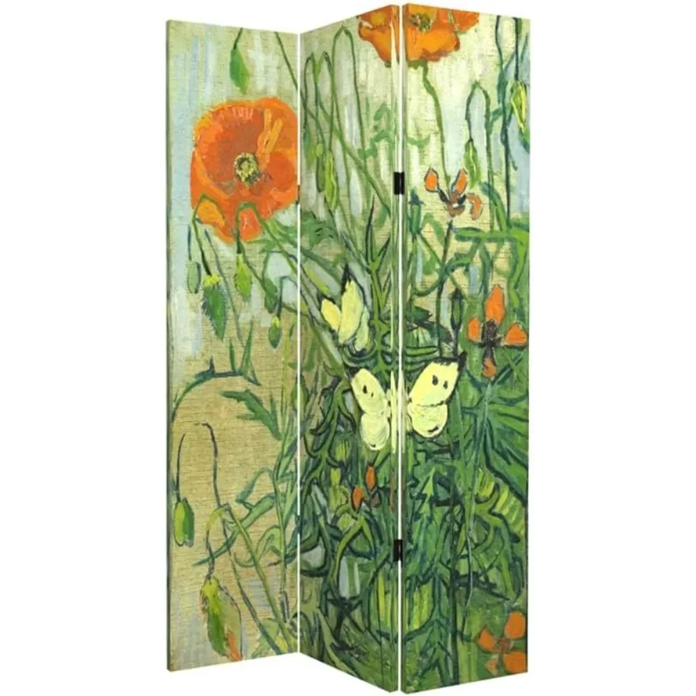 Room Divider Wood Privacy Screens Van Gogh's Butterflies and Poppies Painting Canvas 3-Panel Foldable