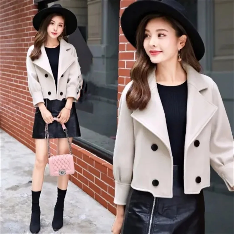 Ladies Loose Fitting Woolen Outwear  Autumn Winter Female Short Wool Blend Coat Korean Women Fashion Long Sleeves Tops Jacket